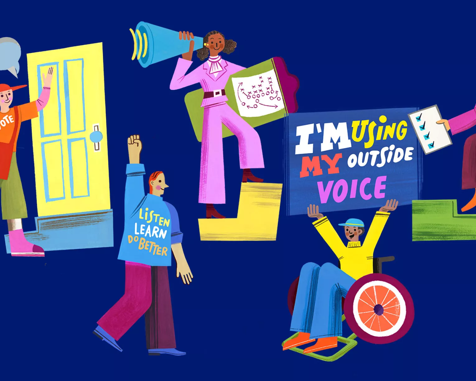 illustrations of different people as changemakers on a dark blue background