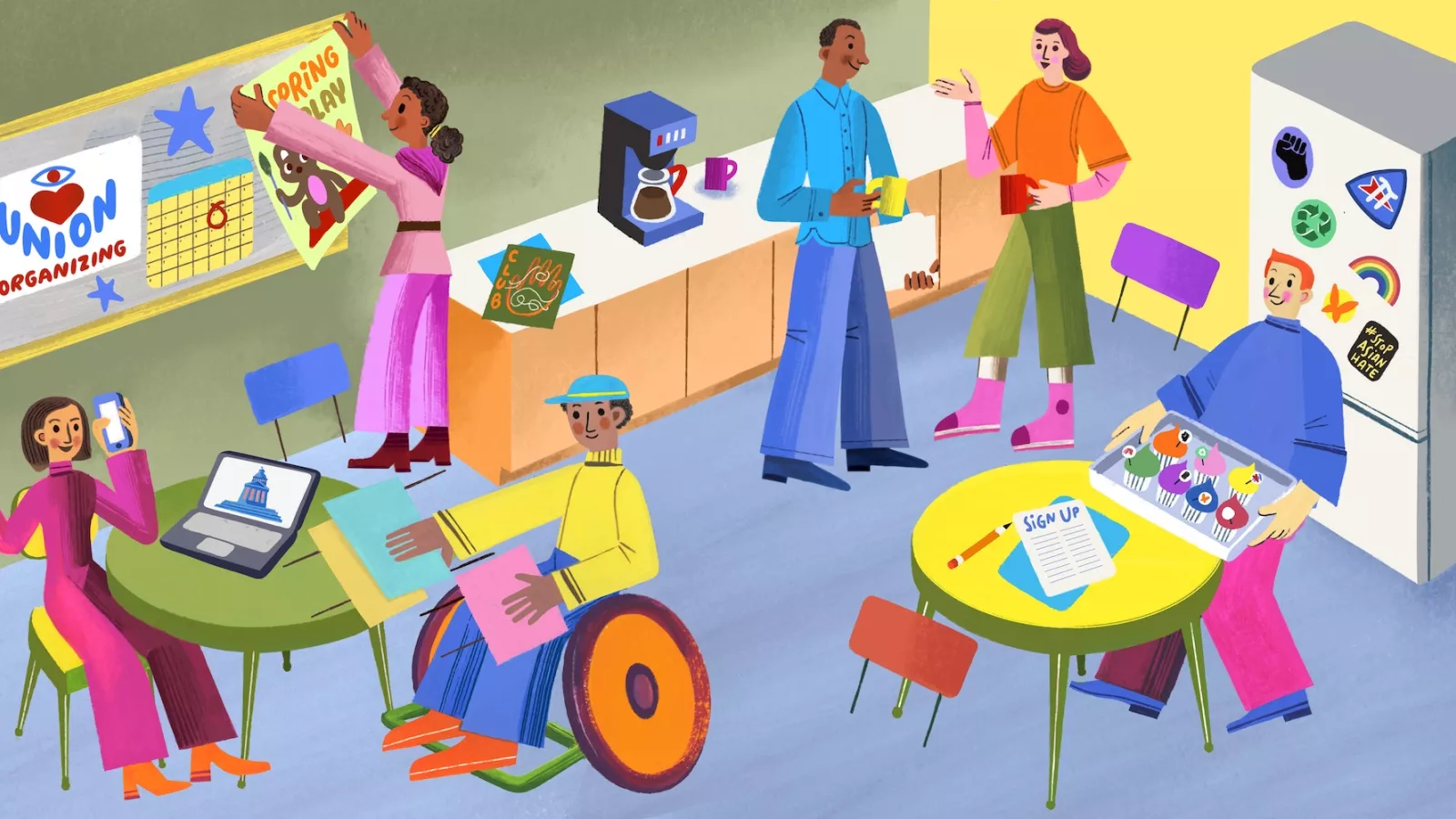 Illustration of changemakers in a school breakroom, performing various activities.