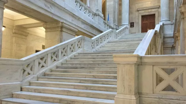 a picture of the staircase inside the Arkansas state capitol